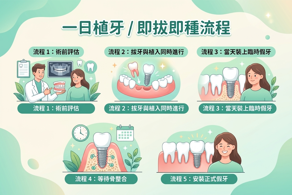 標題:一日植牙/即拔即種流程
內容文字:
流程 1:術前評估
流程 2:拔牙與植入同時進行
流程 3:當天裝上臨時假牙
流程 4:等待骨整合
流程 5:安裝正式假牙