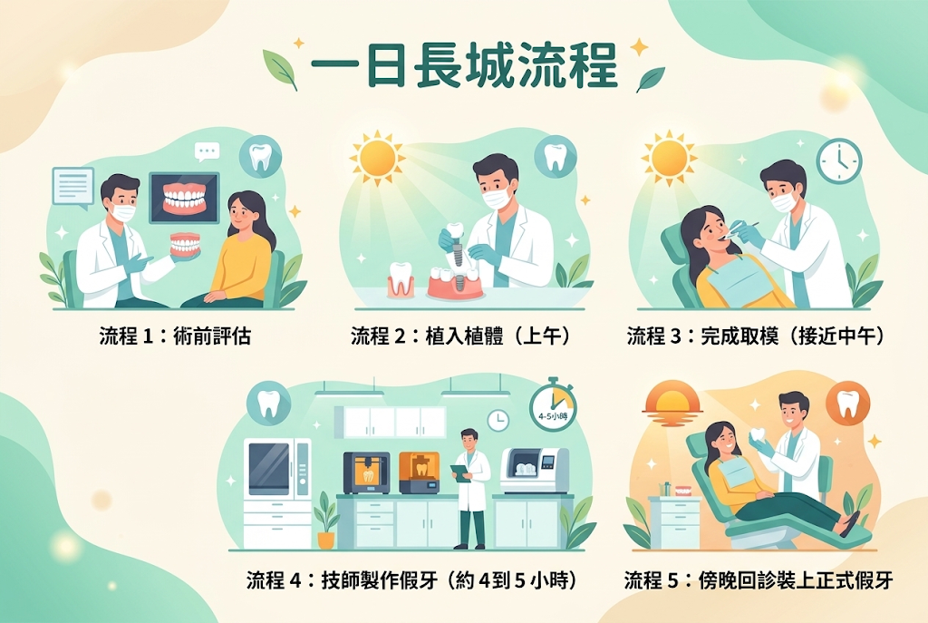 標題:一日長城流程內容文字:流程 1:術前評估流程 2:植入植體(上午)流程 3:完成取模(接近中午)流程 4:技師製作假牙(約 4 到 5 小時)流程 5:傍晚回診裝上正式假牙