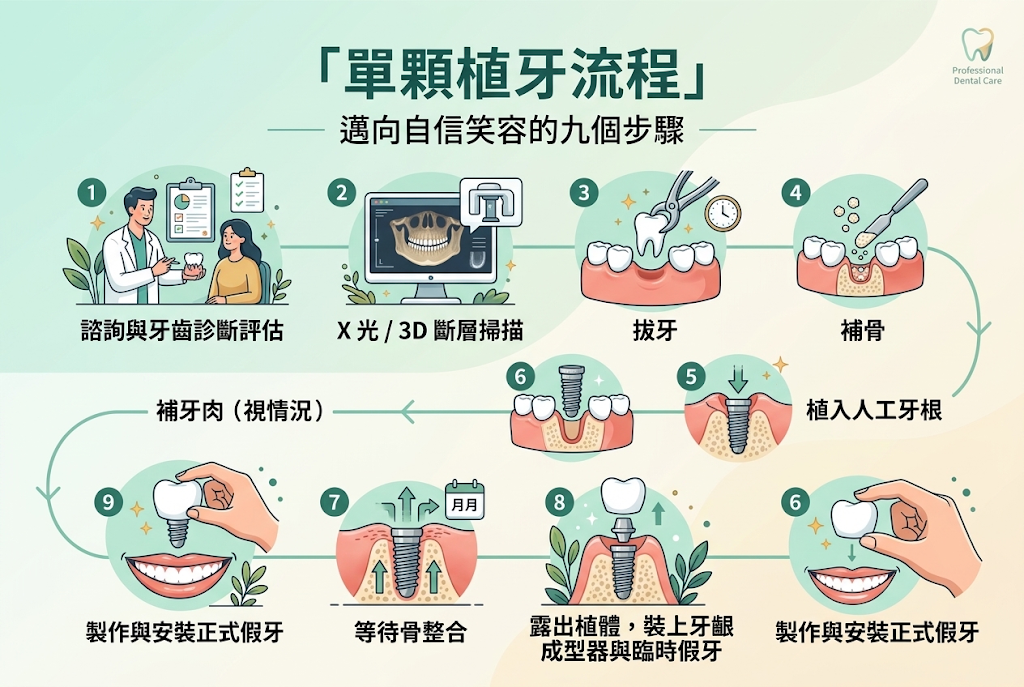 標題:單顆植牙流程內容文字:流程 1:諮詢與牙齒診斷評估流程 2:X 光/3D 斷層掃描流程 3:拔牙流程 4: 補骨流程 5:植入人工牙根流程 6:補牙肉(視情況)流程 7:等待骨整合流程 8:露出植體,裝上牙齦成型器與臨時假牙流程 9:製作與安裝正式假牙