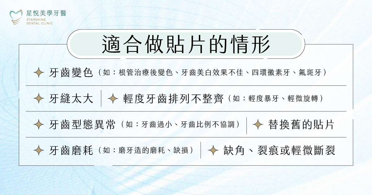 適合做美學貼片的 7 種情況示意圖有牙齒變色、牙縫大、排列不整、型態異常、缺角裂痕、牙齒磨耗、更換舊貼片